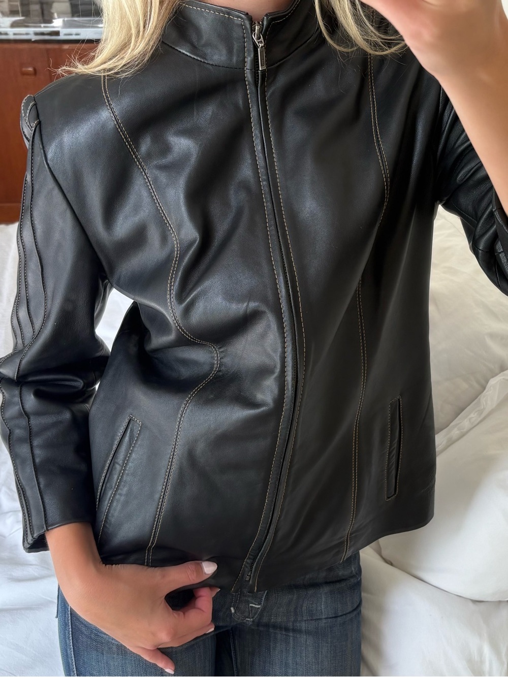 vintage Black genuine Leather Zip-Up Jacket